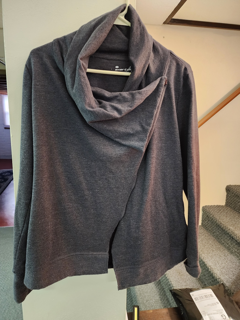 exertek Women's Charcoal Gray Draped Collar Open Front Cardigan Sz M